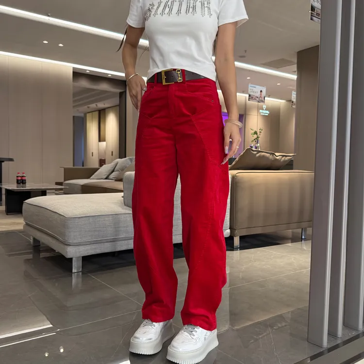 潮流阔腿弯刀裤女长裤秋季高腰休闲裤宽松中国红色百搭灯芯绒裤子