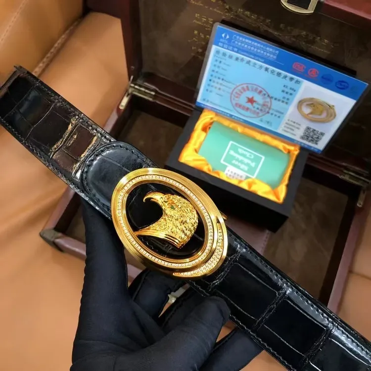 高端鳄鱼皮进口尼罗高光工艺金色鹰扣头内穿男士皮带
