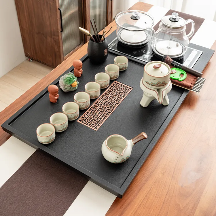 茶具套装家用整套全自动功夫上水玻璃烧茶壶一体仿乌金石材茶盘