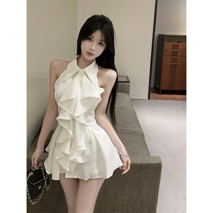 夏季新款法式复古小众设计感荷叶边衬衫包臀裙辣妹性感挂脖连衣裙