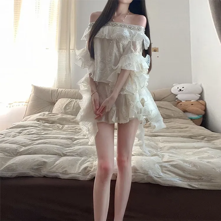 千金风2025夏季度假独特绝美小套装高级钻石刺绣上衣半身裙一整套