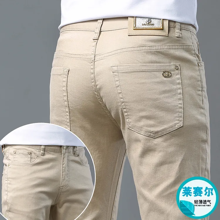 夏季薄款欧货高端莱赛尔天丝牛仔裤男卡其色修身弹力小脚裤男潮流