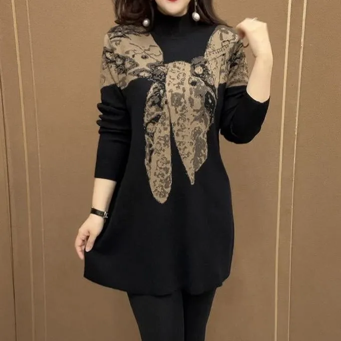 女士妈妈装新款韩版气质中长款潮流针织大版衫秋季百搭款长袖毛衣