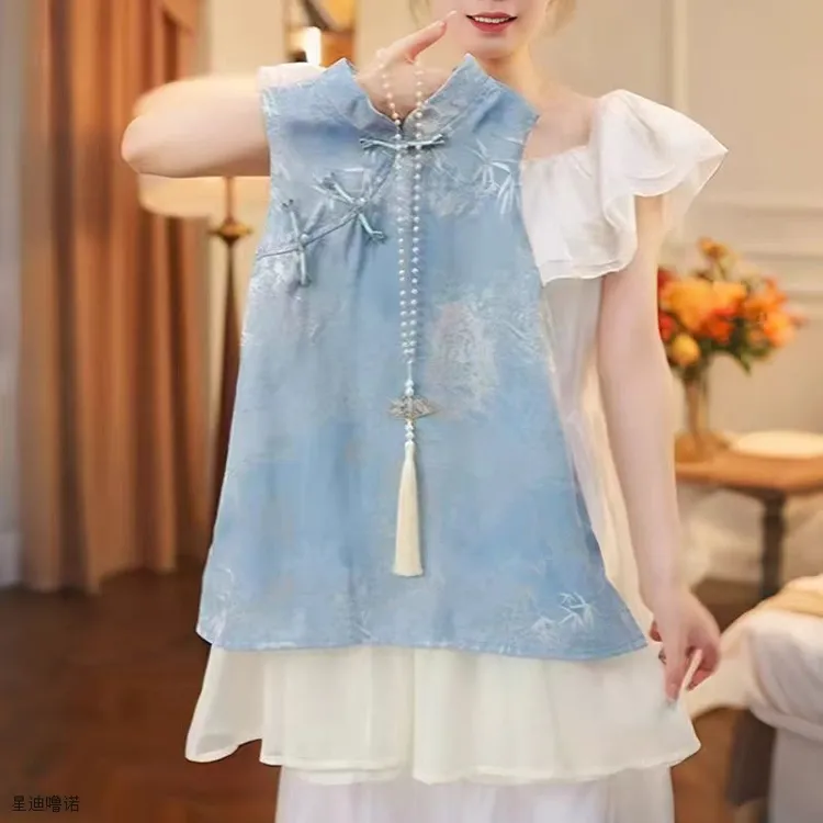女童2025夏季新款时髦儿童国风对襟背心汉服裙夏装女孩复古洋气旗