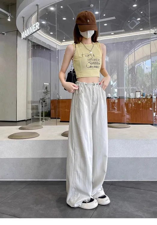 抽绳天丝牛仔裤女夏季薄新款高腰阔腿冰丝直筒裤子女米白色工装裤