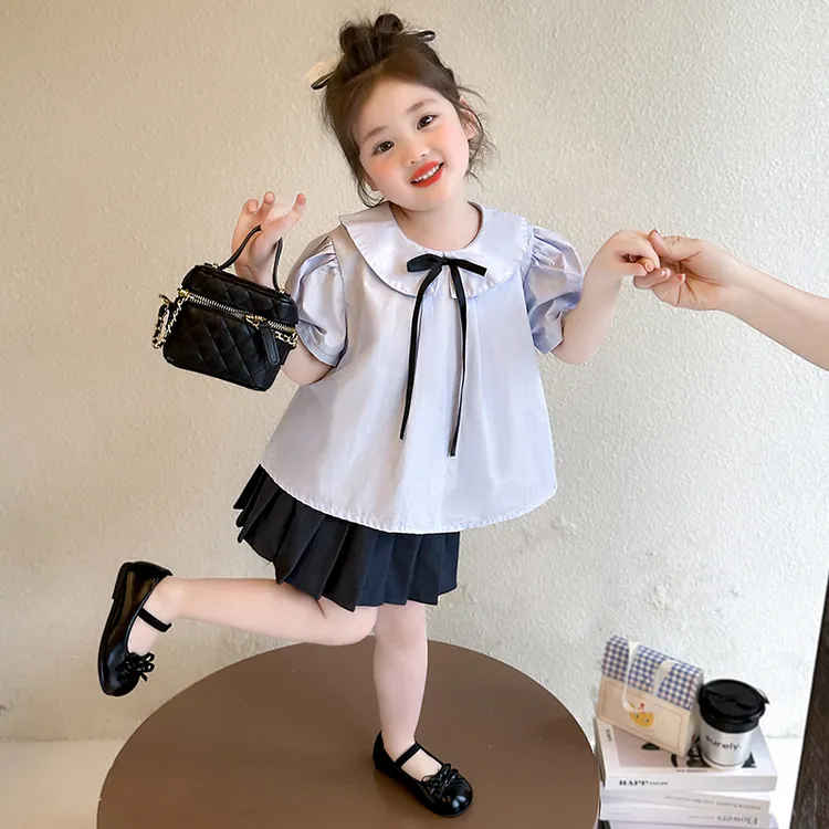 女童夏季套装洋气女孩娃娃领学院风短袖百褶裙两件套儿童时髦夏装
