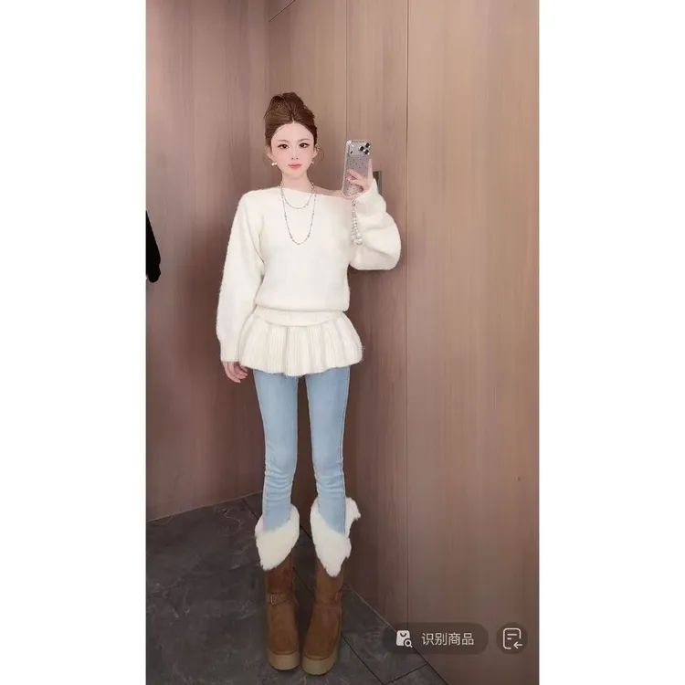 曼曼【绒绒细语~】韩版软糯圆领针织裙帘设计可拆卸毛衣25988#