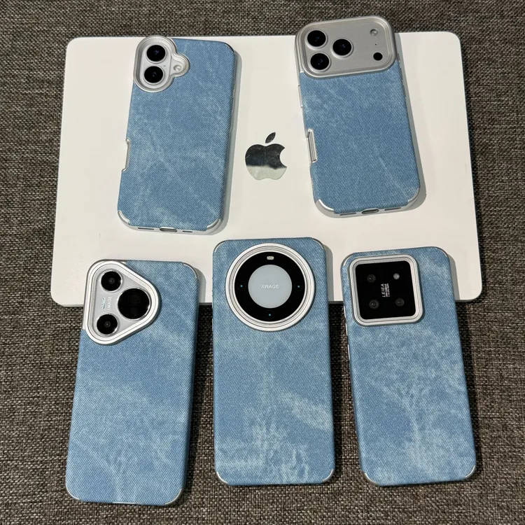 雅天立简约蓝色牛仔纹适用iPhone17/16/14手机壳华为vivoppo小米