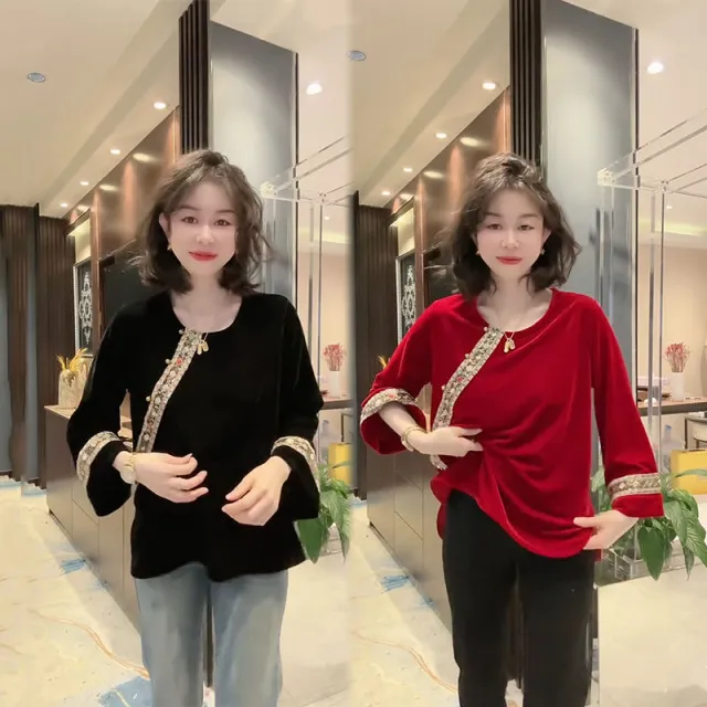 2025早春新款斜襟盘扣新中式衬衫女长袖宽松圆领显瘦国风丝绒上衣