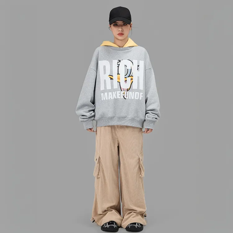 Liuregali撞色唐老鸭连帽卫衣男女同款潮牌秋冬情侣趣味美式上衣