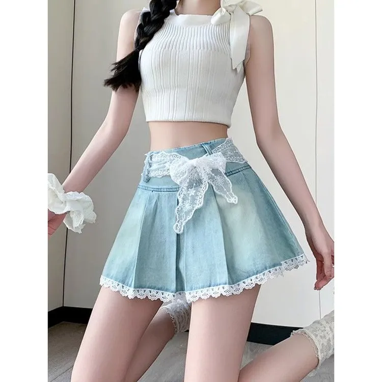 复古牛仔半身裙夏装2025新款美式百褶裙辣妹防走光A字包臀短裤裙