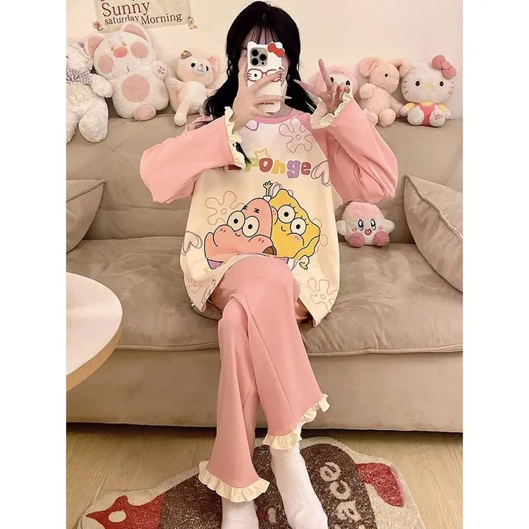海绵宝宝派大星纯棉睡衣少女款春秋季长袖可爱学生大码胖mm家居服