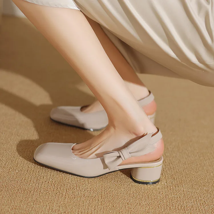 裸粉色法式包头凉鞋女2025新款甜美气质蝴蝶结单鞋后空仙女高跟鞋