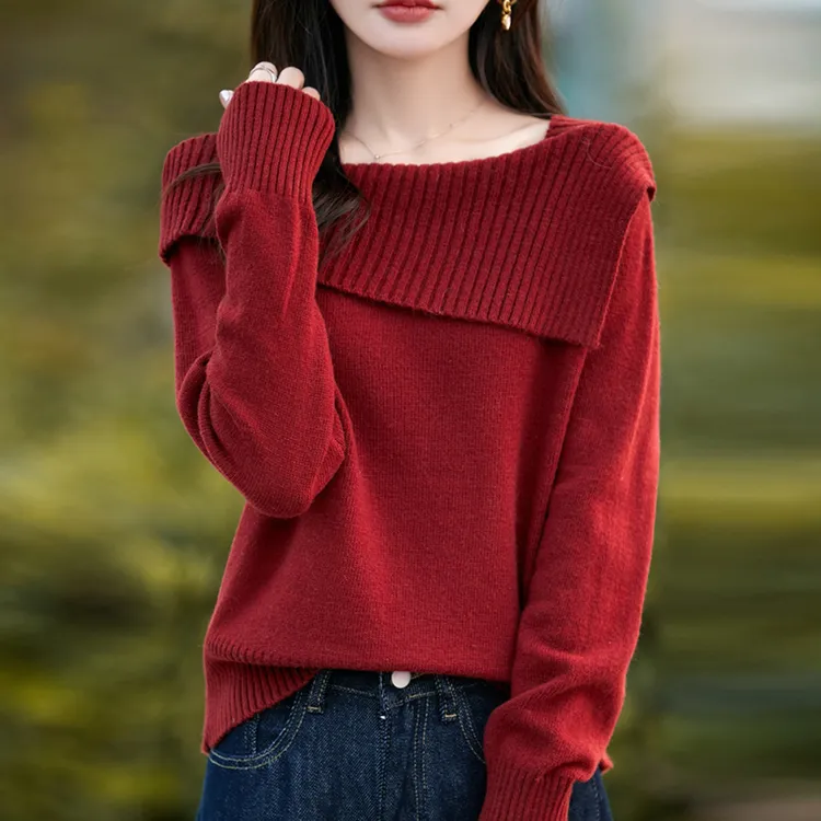 胖mm秋冬大码一字领女士红色毛衣遮肚子上衣高级感内搭针织打底衫
