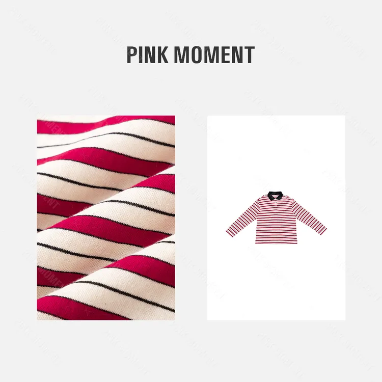 PM王囡囡 红白条纹撞色翻领半开扣薄长袖T恤  ND1C1381