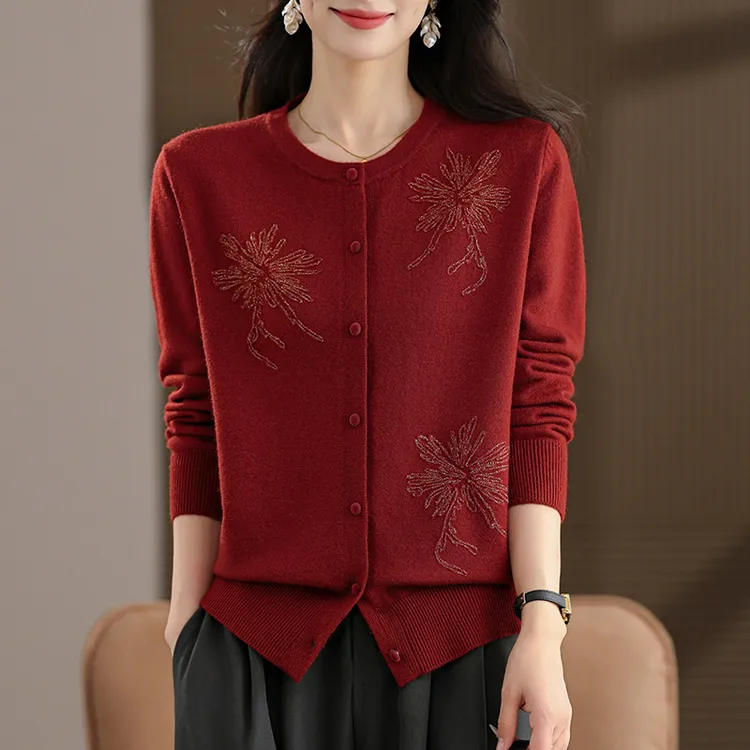 中年妈妈外搭针织上衣红色开衫毛衣外套女士秋装2025新款女装气质
