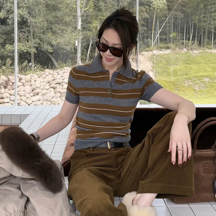 王嬛嬛MsLime25年新【简菱】 100%绵羊毛条纹POLO针织衫 HD2C0848