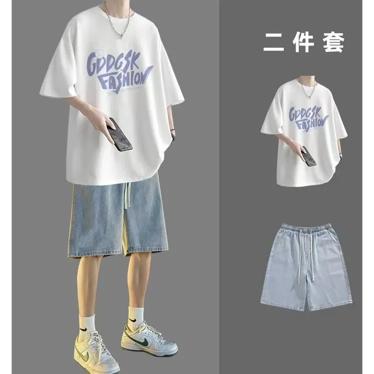 短袖男套装潮牌t恤夏季男生ins潮流宽松搭配一整套牛仔短裤两件套