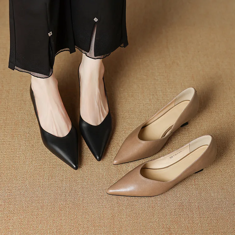 欧美软羊皮尖头细跟单鞋女春秋职场工作鞋浅口优雅气质中跟小皮鞋