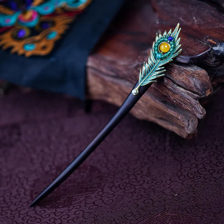 灵动羽毛紫光黑檀木发簪新中式盘发复古发钗汉服旗袍头饰木簪子