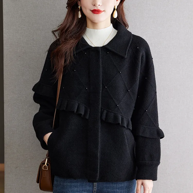 翻领毛呢外套女2025新款春秋黑色木耳边拼接宽松开衫加厚宽松休闲