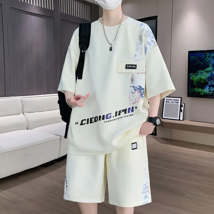 国潮短袖套装男夏季休闲国风宽松加肥加大码半袖短裤帅气一套搭配