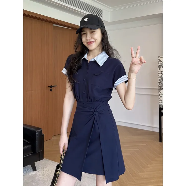 张阿星【海街日记】夏季小众条纹拼接撞色扭结开叉设计感遮肉连衣裙