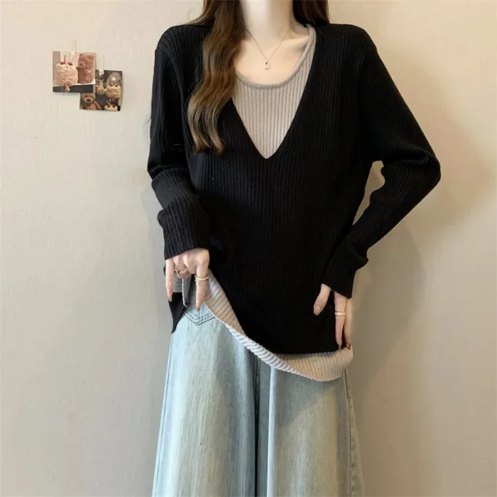 假两件针织衫女秋冬设计感v领打底衫显瘦遮肚子胖mm大码宽松上衣
