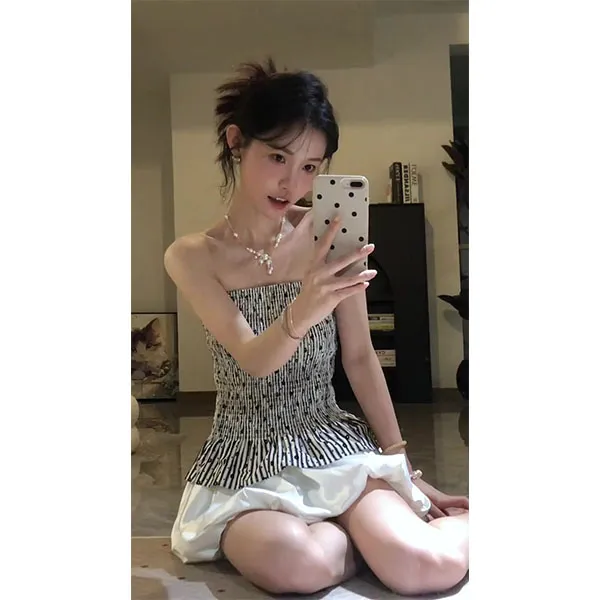 法式复古风褶皱抹胸背心女夏季荷叶边波点背心收腰上衣+裙子套装