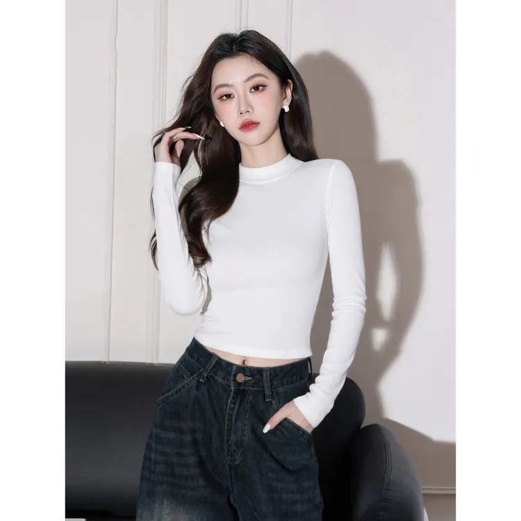 纯棉辣妹短款半高领长袖打底衫女秋2025新款高腰露脐修身洋气上衣