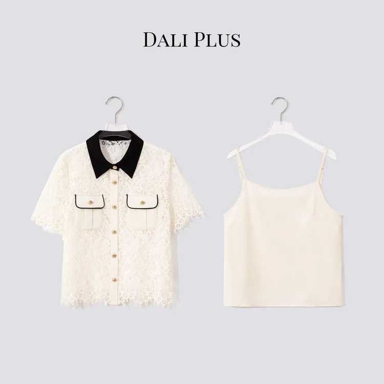 DALI PLUS“重工蕾丝花卉撞色”两件套含吊带气质镂空衬衫-D5SS7172