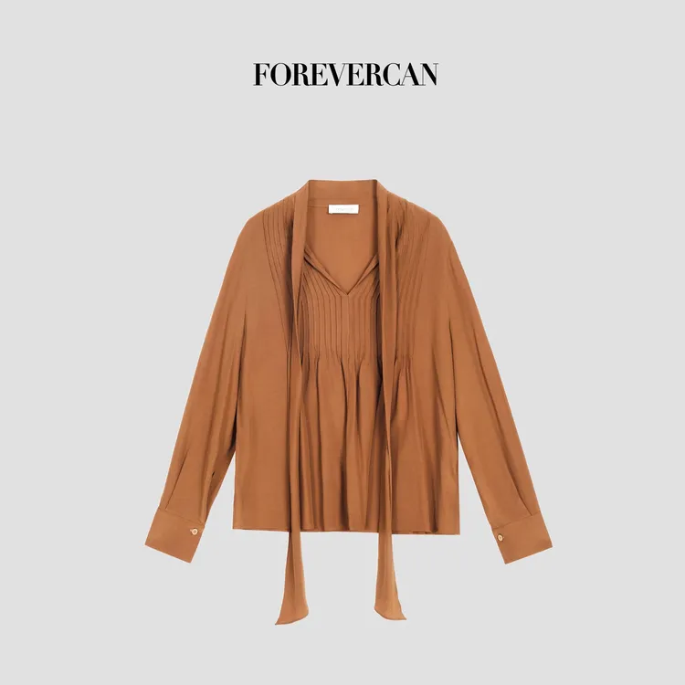 FOREVERCAN“克鲁千金”法式风琴褶飘带系带宽松衬衫上衣ST22888
