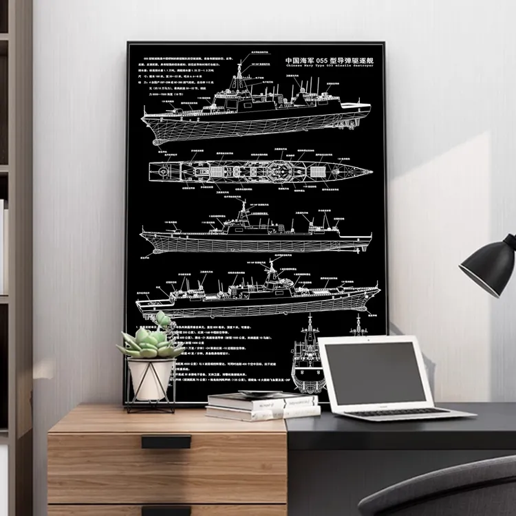 055型导弹驱逐舰挂画工业风黑白分解线稿壁画客厅中国军舰装饰画