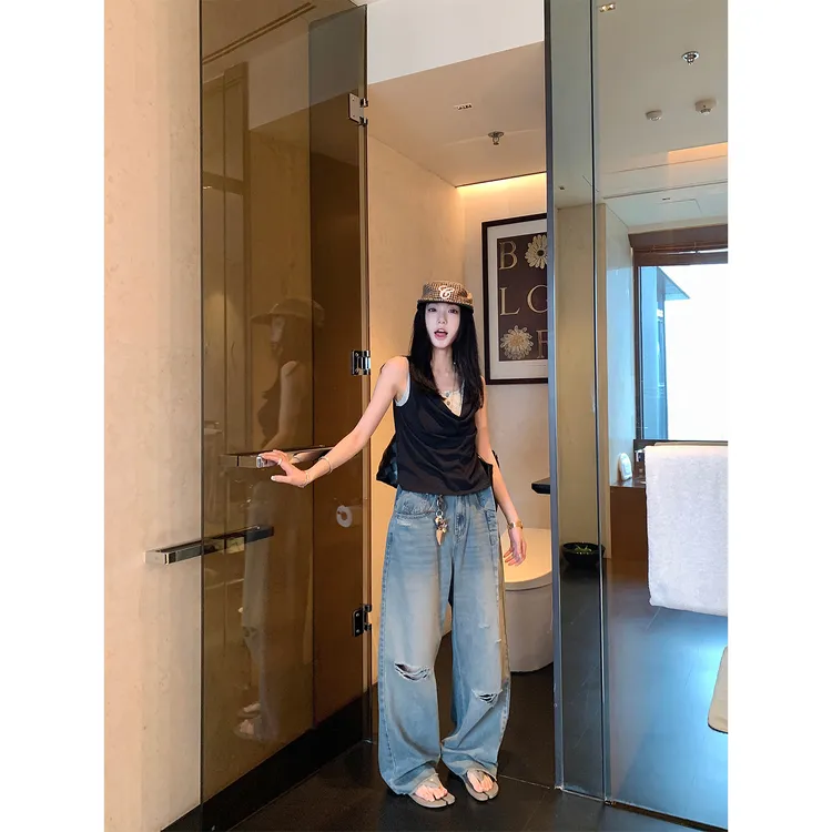 区区欧阳 破洞做旧水洗牛仔裤女夏季复古直筒阔腿裤宽松拖地裤子