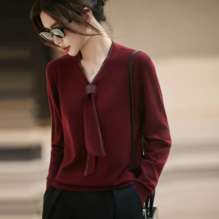 【锦衣华服】精致气质V领烫钻飘带羊毛衫-224