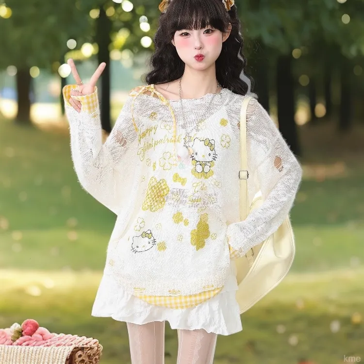 美式辣妹破洞假两件卡通Kitty猫针织衫2025夏季宽松防晒罩衫上衣