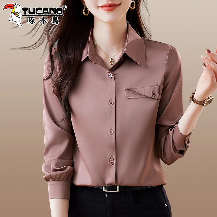 啄木鸟女士衬衫女春秋2025新款休闲通勤长袖衬衣百搭显瘦雪纺上衣