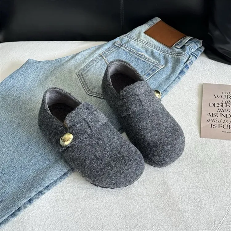 厚底加绒灰色豆豆鞋全包勃肯鞋保暖毛毛鞋2025新款秋冬外穿棉鞋