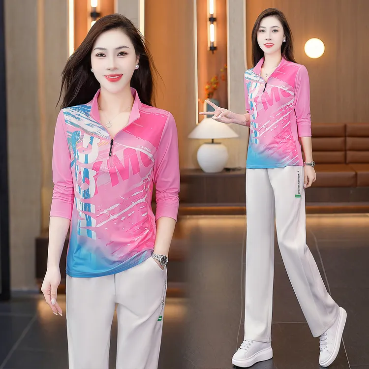 速干运动服套装女春秋新款大码跑步服健身训练瑜伽半拉链长袖T恤