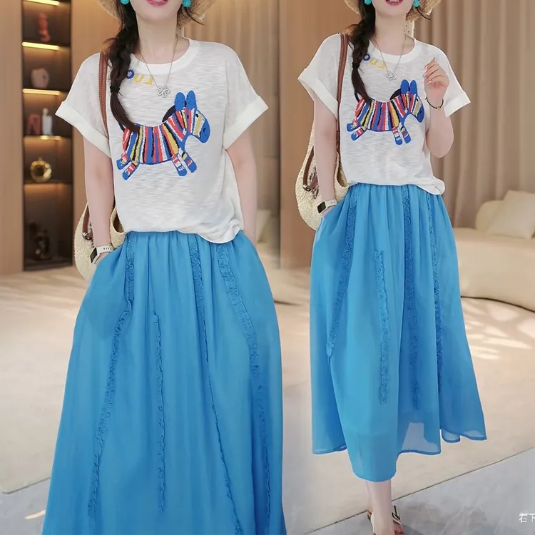 夏季新款韩版T恤短袖a字半身裙两件套洋气显瘦休闲时尚洋气套装裙