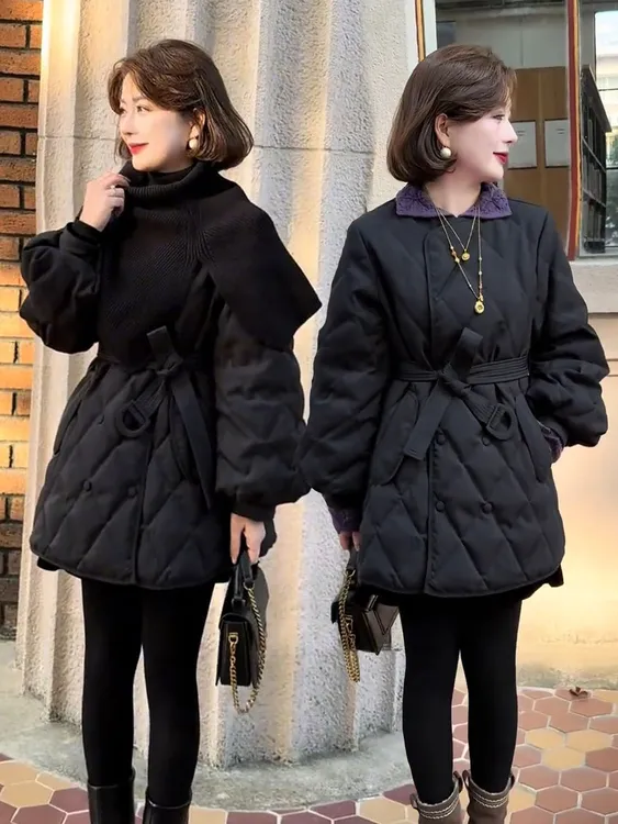 韩系披肩黑色菱格中长款羽绒服女2025新款轻薄白鸭绒绑带收腰外套