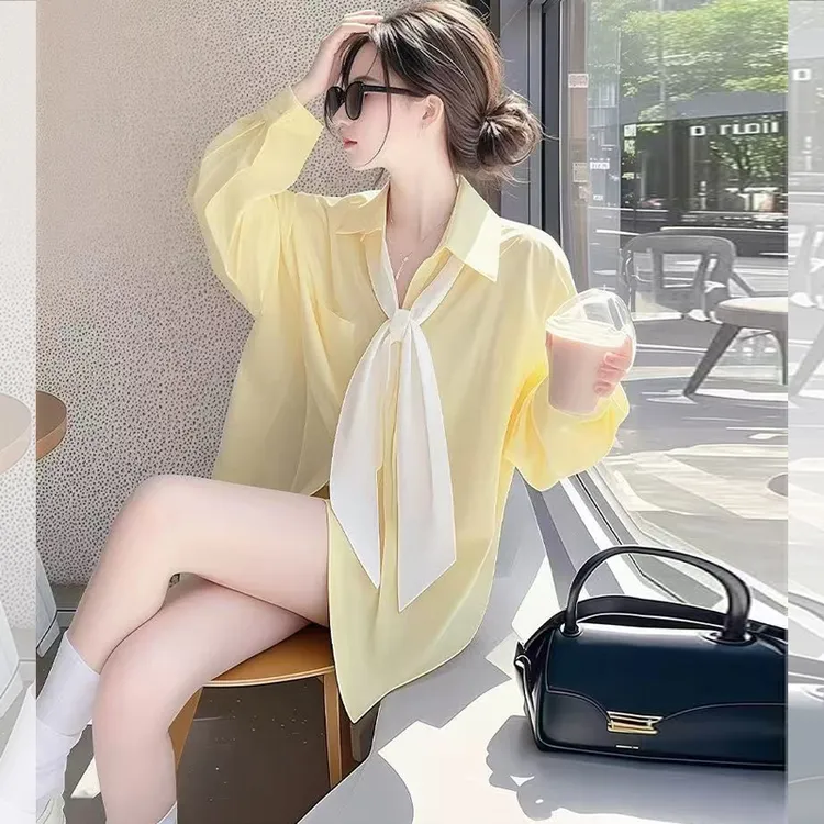 欧若风宽松中长款系带雪纺防晒衫女春夏新款设计感外搭上衣衬衫潮
