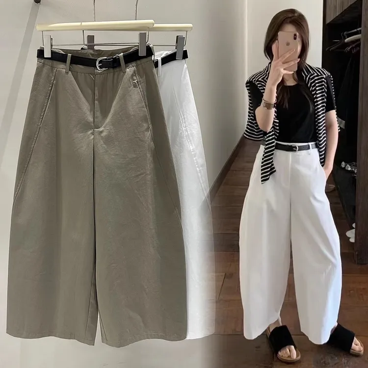2025春夏韩版洋气九分弯刀阔腿裤女高腰简约气球裤百搭显瘦休闲裤