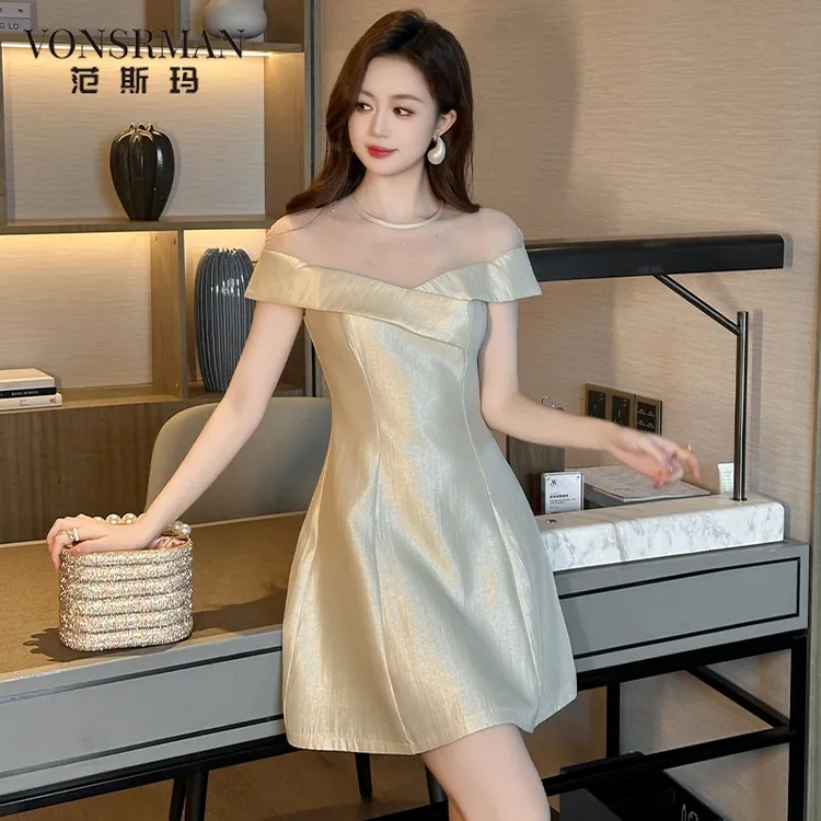 欧洲站一字肩连衣裙女夏季设计感小众生日礼服法式气质收腰短裙子