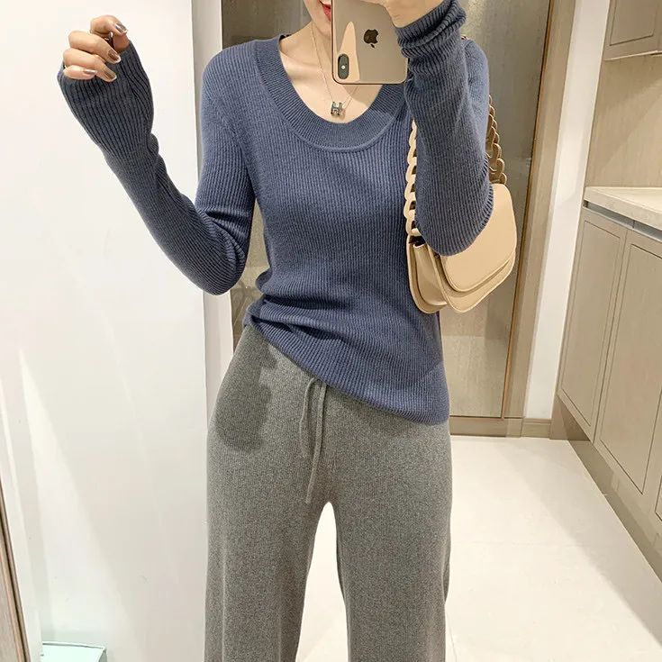 韩版气质修身显瘦长袖针织衫女士春秋2025新款U型领百搭打底上衣