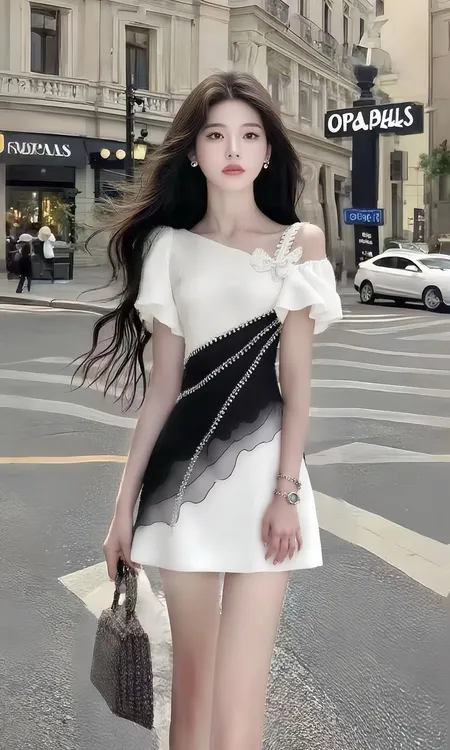 新款时尚温柔知性风别致设计感斜领收腰连衣裙显瘦减龄氛围感女装