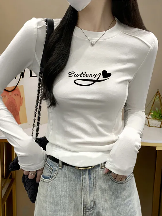 韩系设计感别致鱼骨线秋冬百搭修身T恤女显瘦圆领长袖打底衫上衣