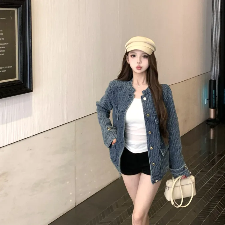 老钱调小众肌理感牛仔外套新款气质花呢蓝色小香风短款夹克2231