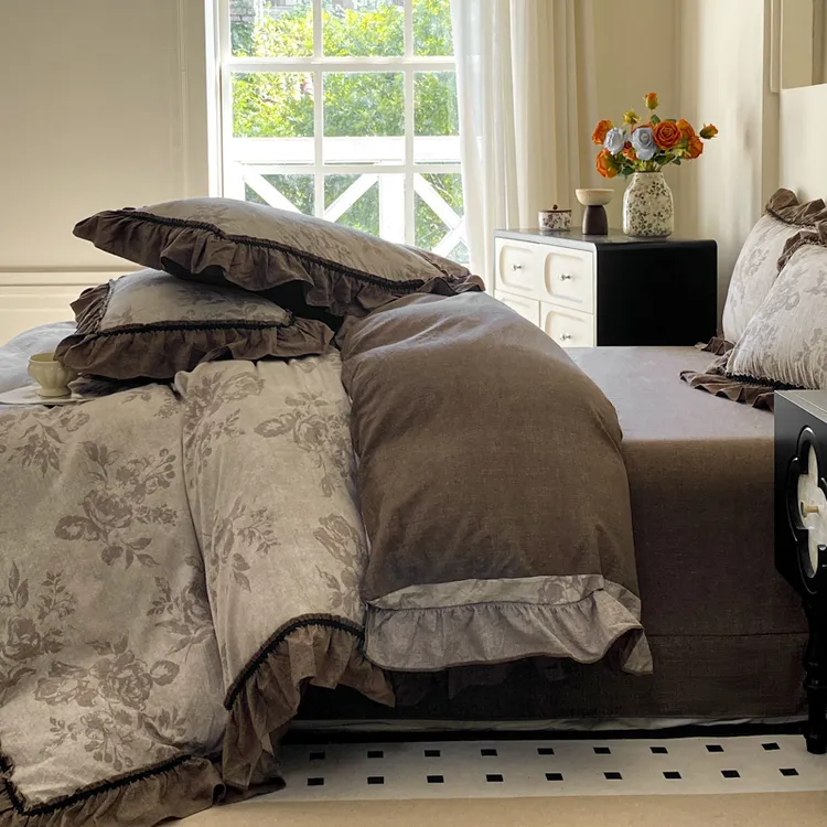 高端亚麻水洗四件套简约花边被套床罩床单床笠床上用品被罩四季款