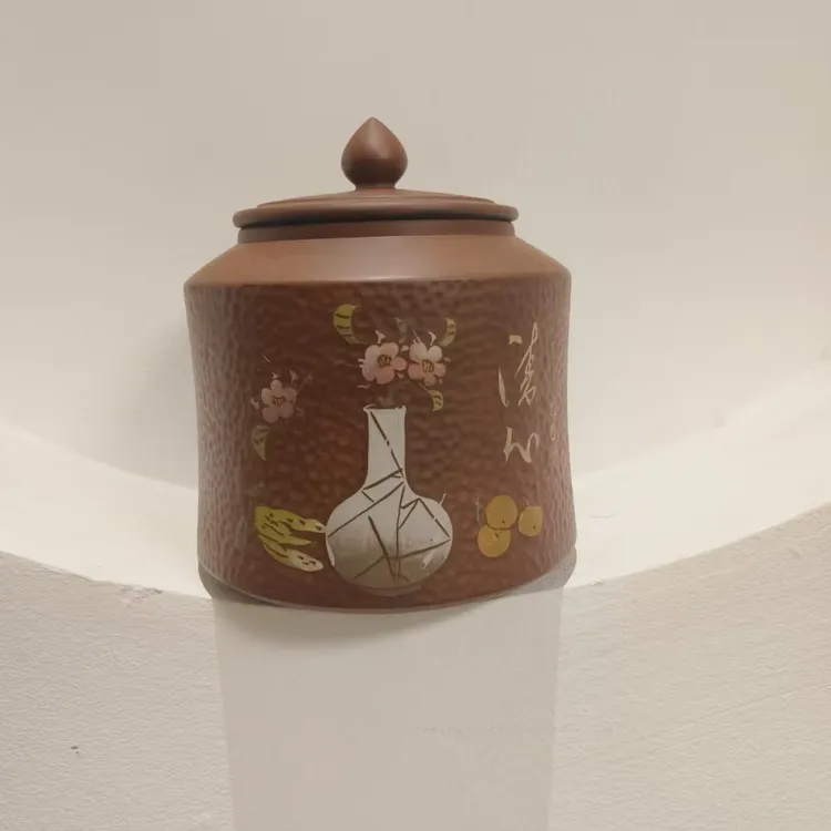 云南建水紫陶茶叶罐储存密封罐彩填锤纹荷花小鸟图案古铜色全手工